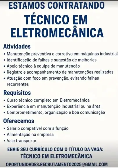 1 Vaga de emprego para Técnico no Segmento de eletromecânica em 08/09