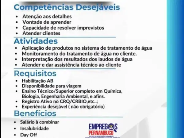 1 Vaga de emprego para Técnico sem experiência no Segmento de tratamento de água em 08/09