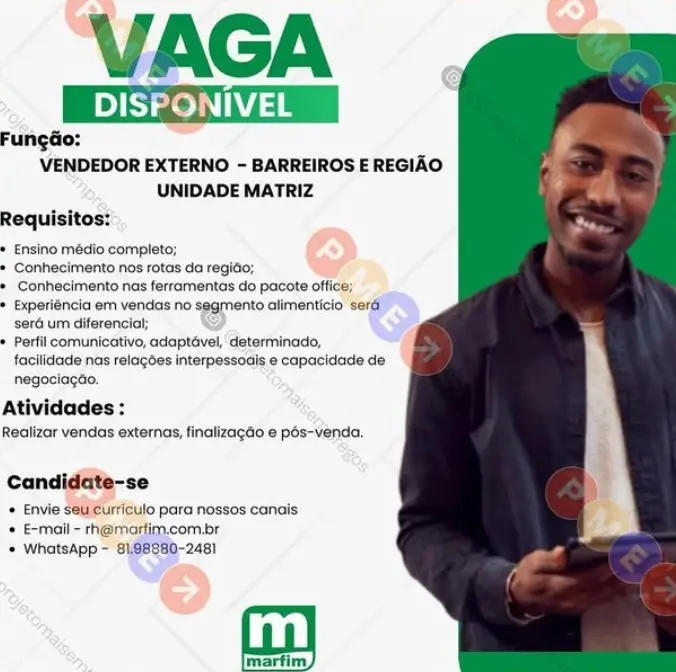 1 Vaga de emprego para Vendedor Externo sem experiência na empresa Marfim em 06/09
