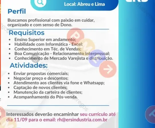 1 Vaga de emprego para Vendedor Interno sem experiência na empresa ERS em 08/09