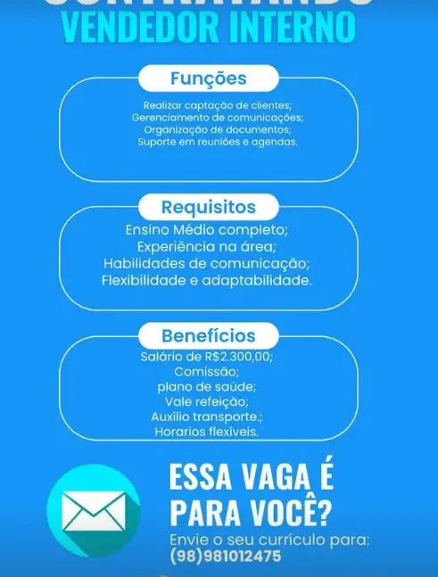 1 Vaga de emprego para Vendedor Interno na empresa Segmento comercial em 06/09