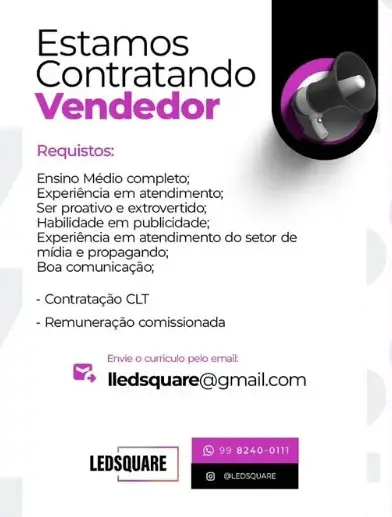 1 Vaga de emprego para Vendedor na empresa Led Square em 10/09