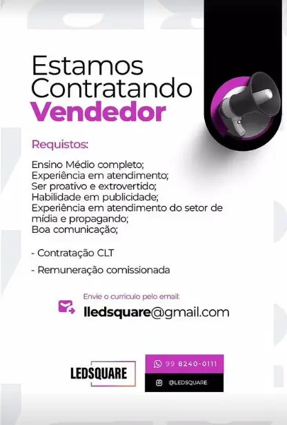 1 Vaga de emprego para Vendedor na empresa Led Square em 06/09