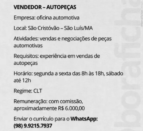 1 Vaga de emprego para Vendedor De Auto Peças na empresa Segmento automotivo em 06/09