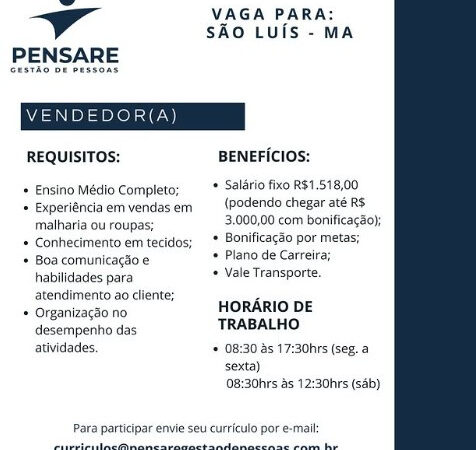 1 Vaga de emprego para Vendedor na empresa Pensare Gestão de Pessoas em 06/09