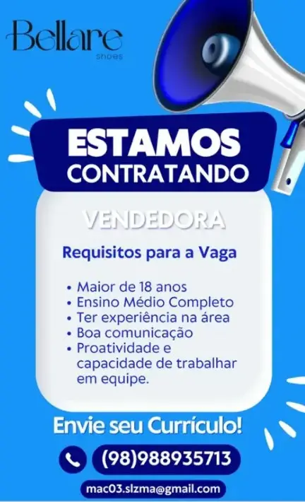 1 Vaga de emprego para Vendedora na empresa Loja Bellare Shoes em 08/09