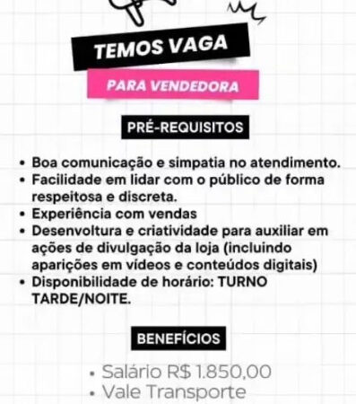 1 Vaga de emprego para Vendedora no Segmento de sex shop em 08/09