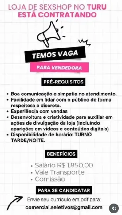 1 Vaga de emprego para Vendedora no Segmento de sex shop em 08/09