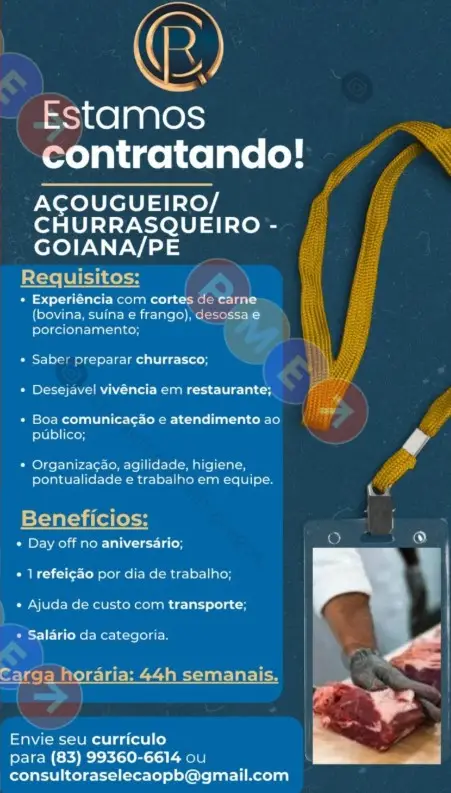 2 Vagas de emprego para Açougueiro, Churrasqueiro no Segmento alimentício em 09/09