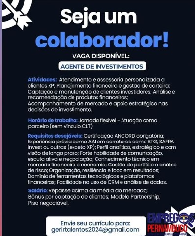 1 Vaga de emprego para Agente sem experiência no Segmento de investimentos em 23/09