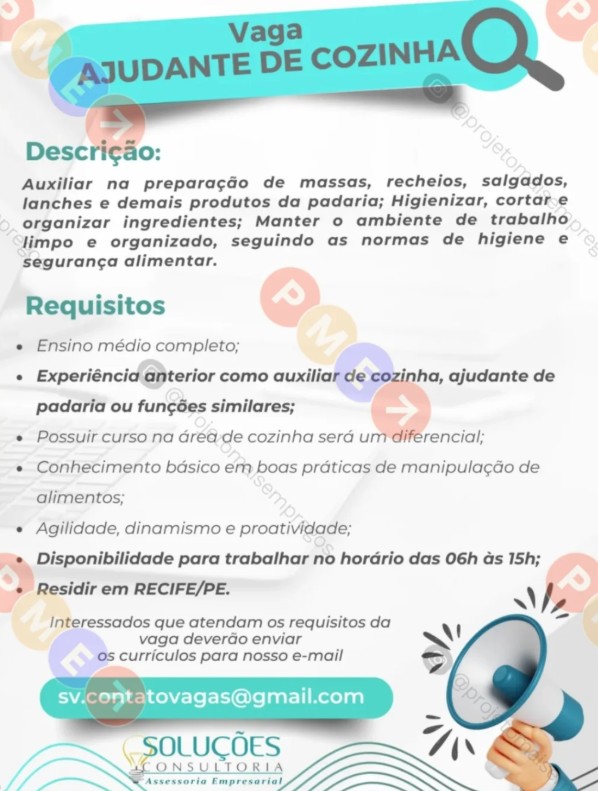 1 Vaga de emprego para Ajudante De Cozinha na empresa Soluções Consultoria em 25/09