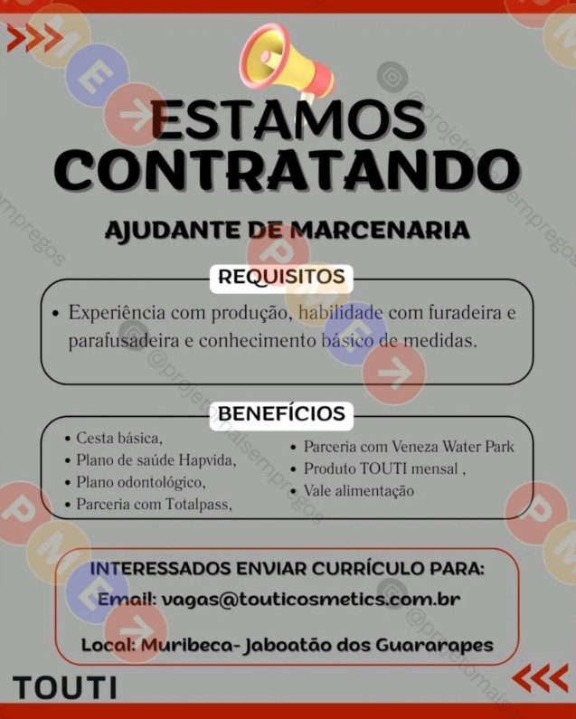 1 Vaga de emprego para Ajudante De Marcenaria na empresa Touti em 22/09