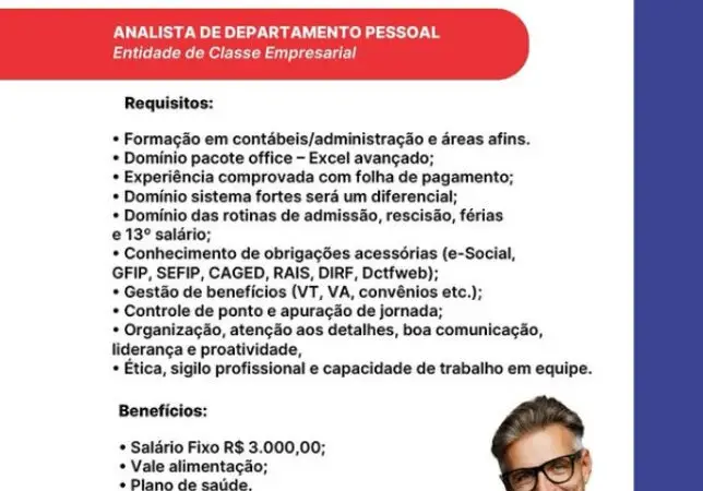 1 Vaga de emprego para Analista De Departamento Pessoal na empresa Foco Consultancy em 09/09