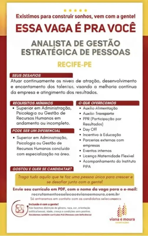 1 Vaga de emprego para Analista De Gestão De Pessoas sem experiência na empresa Viana e Moura em 08/09