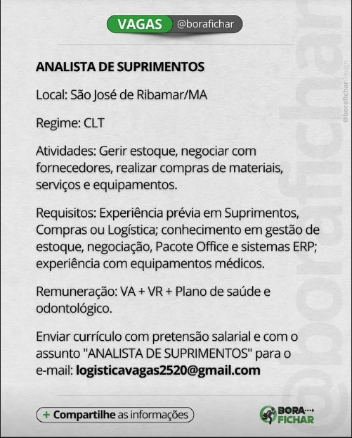 1 Vaga de emprego para Analista De Suprimentos na Cidade de São José de Ribamar em 12/09
