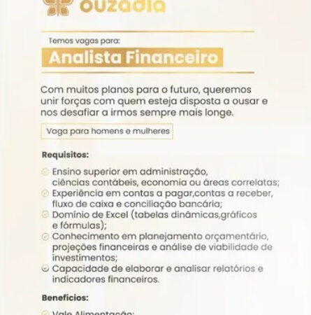 1 Vaga de emprego para Analista Financeiro na empresa Ousadia em 11/09