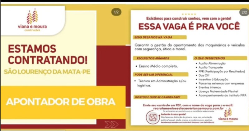 1 Vaga de emprego para Apontador De Obra sem experiência na empresa Viana e Moura em 22/09