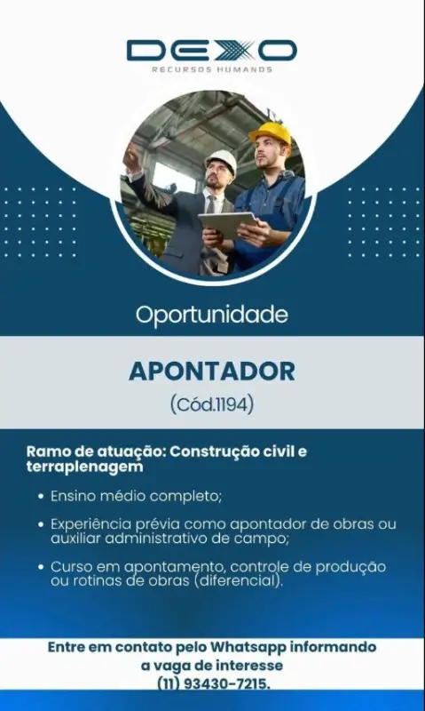 1 Vaga de emprego para Apontador De Obras na empresa Dexo em 08/09