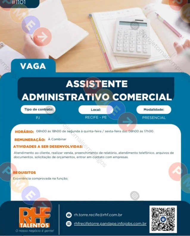 1 Vaga de emprego para Assistente Administrativo Comercial na empresa RHF Talentos em 27/09