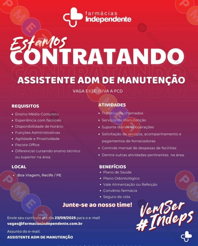 1 Vaga de emprego para Assistente Administrativo De Manutenção na empresa Farmácia Independente em 25/09