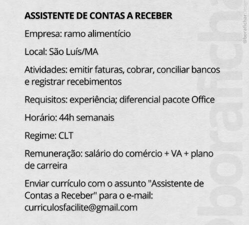 1 Vaga de emprego para Assistente De Contas A Receber no Segmento alimentício em 11/09