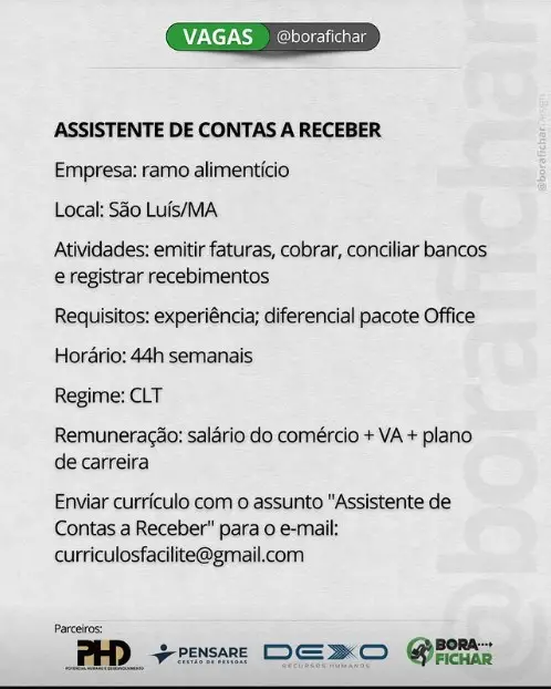 1 Vaga de emprego para Assistente De Contas A Receber no Segmento alimentício em 11/09