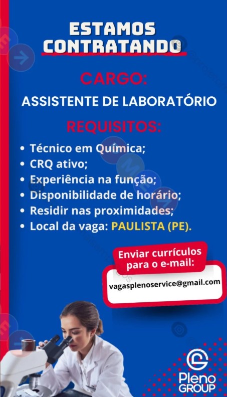 1 Vaga de emprego para Assistente De Laboratório na empresa Pleno Group em 19/09
