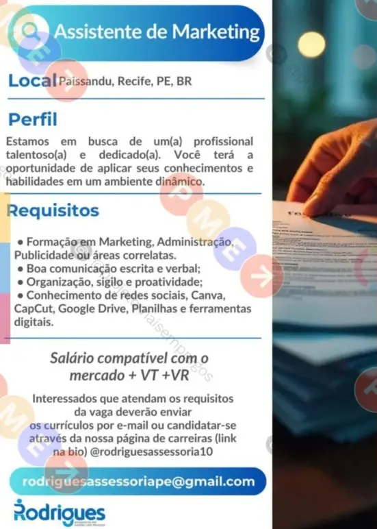1 Vaga de emprego para Assistente De Marketing sem experiência na empresa Rodrigues Consultoria em 09/09