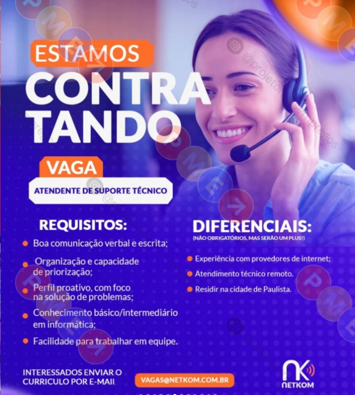 1 Vaga de emprego para Assistente De Suporte Técnico sem experiência na empresa Netkom em 22/09