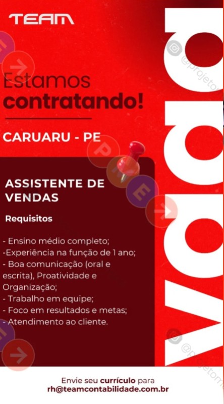 1 Vaga de emprego para Assistente De Vendas na empresa Team em 27/09