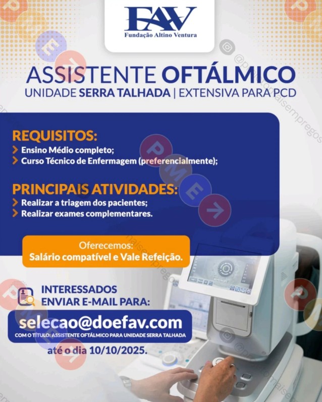 1 Vaga de emprego para Assistente Oftálmico sem experiência na empresa Fundação Altino Ventura em 27/09