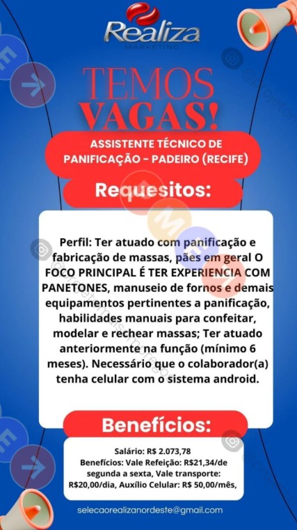 1 Vaga de emprego para Assistente Técnico De Panificação na empresa Realiza em 18/09