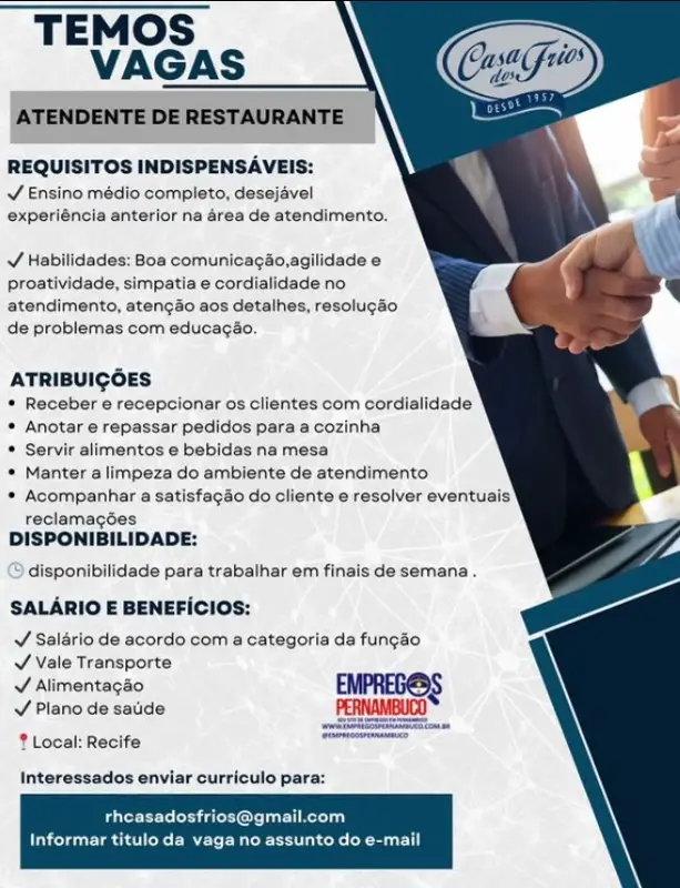 1 Vaga de emprego para Atendente sem experiência na empresa Restaurante Casa dos Frios em 08/09