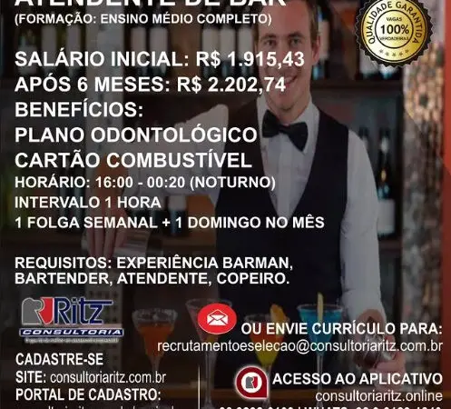 1 Vaga de emprego para Atendente De Bar na empresa Ritz Consultoria em 09/09