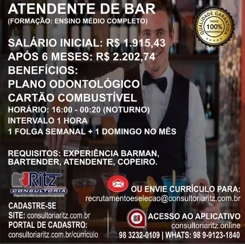 1 Vaga de emprego para Atendente De Bar na empresa Ritz Consultoria em 09/09