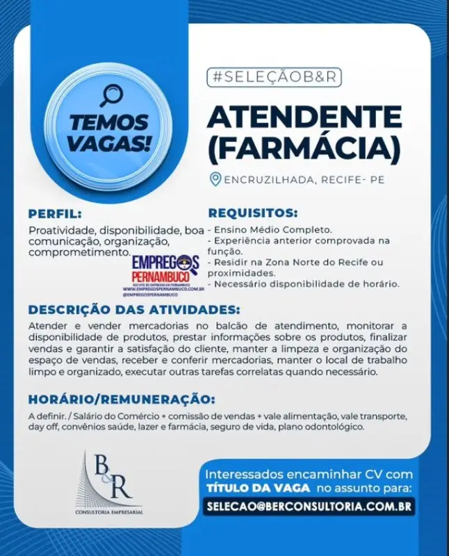 1 Vaga de emprego para Atendente De Farmácia na empresa B e R Consultoria em 08/09