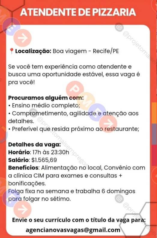 1 Vaga de emprego para Atendente no Segmento alimentício em 24/09