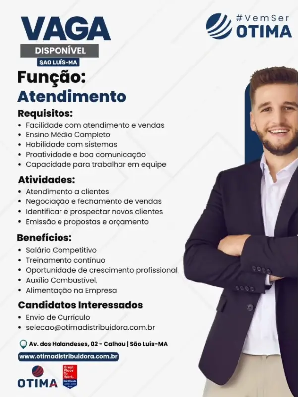 1 Vaga de emprego para Atendimento sem experiência na empresa Ótima Distribuidora em 09/09