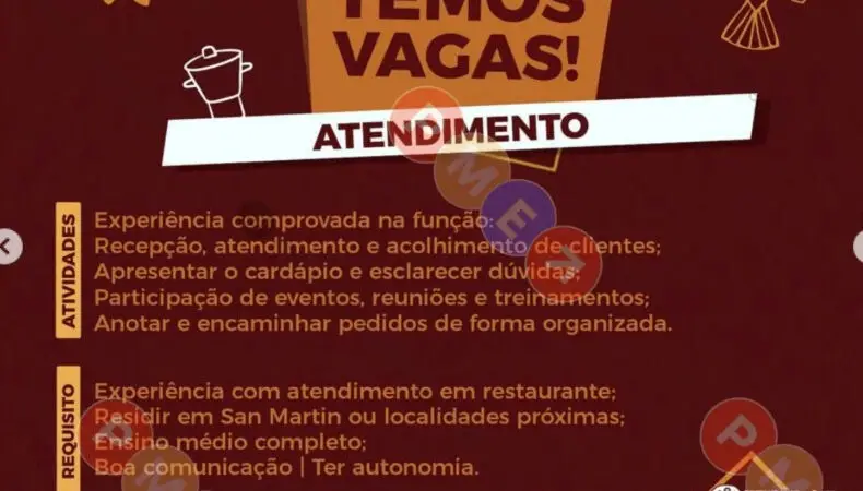 1 Vaga de emprego para Atendimento na empresa Restaurante Xodó Nordestino em 10/09