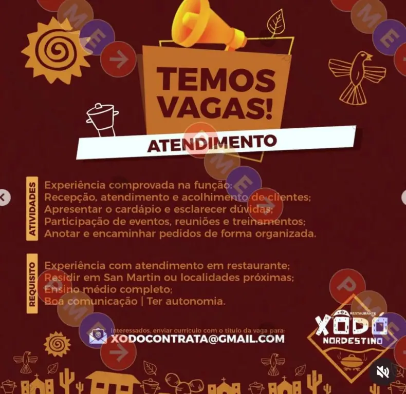 1 Vaga de emprego para Atendimento na empresa Restaurante Xodó Nordestino em 10/09