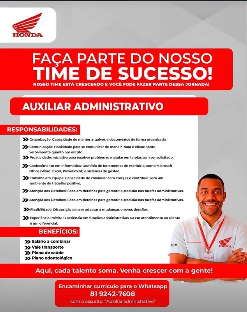 1 Vaga de emprego para Auxiliar Administrativo sem experiência na empresa Honda em 19/09