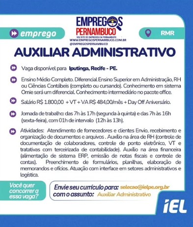 1 Vaga de emprego para Auxiliar Administrativo sem experiência na empresa IEL em 26/09