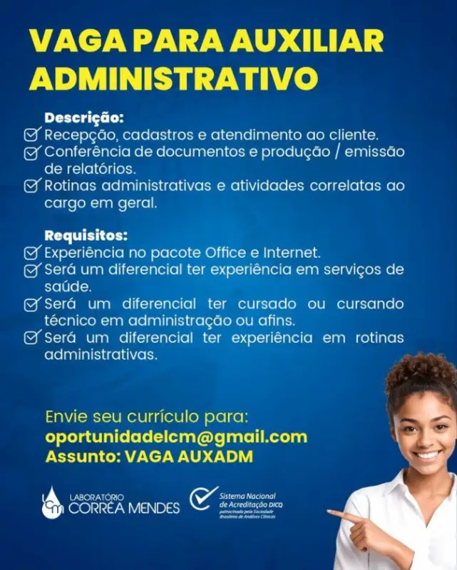 1 Vaga de emprego para Auxiliar Administrativo na empresa Laboratório Correa Mendes em 10/09