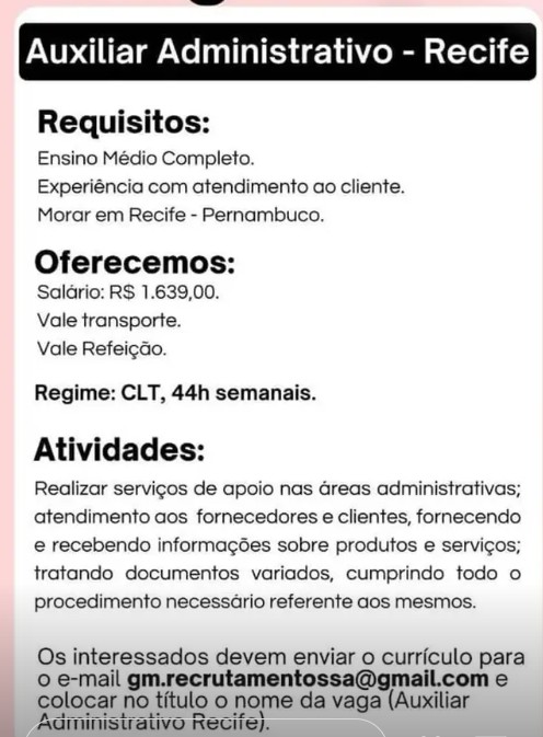 1 Vaga de emprego para Auxiliar Administrativo na Cidade de Recife em 27/09