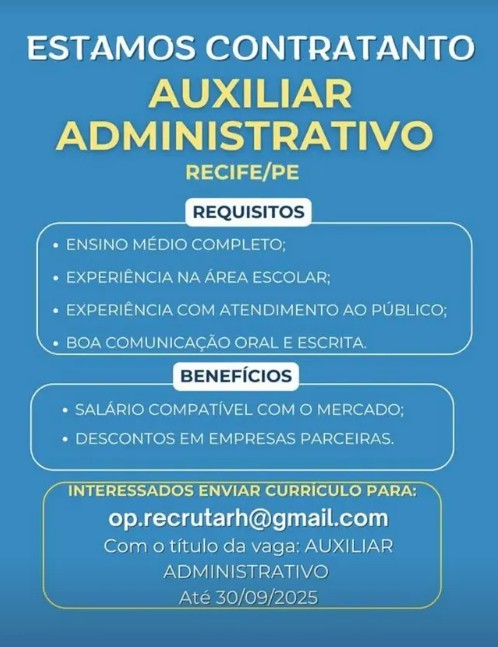 1 Vaga de emprego para Auxiliar Administrativo no Segmento escolar em 27/09