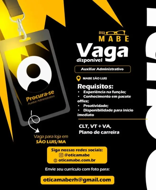 1 Vaga de emprego para Auxiliar Administrativo na empresa Ótica Mabe em 10/09