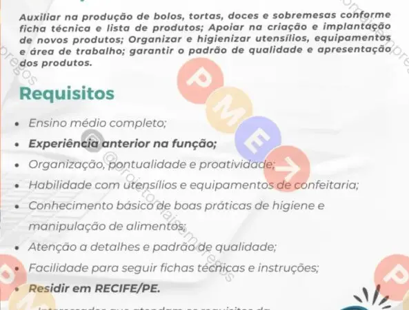 1 Vaga de emprego para Auxiliar De Confeitaria na empresa Soluções Consultoria em 10/09