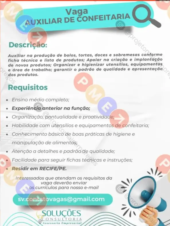 1 Vaga de emprego para Auxiliar De Confeitaria na empresa Soluções Consultoria em 10/09