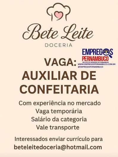 1 Vaga de emprego para Auxiliar De Confeitaria na empresa Doceria Bete Leite em 26/09