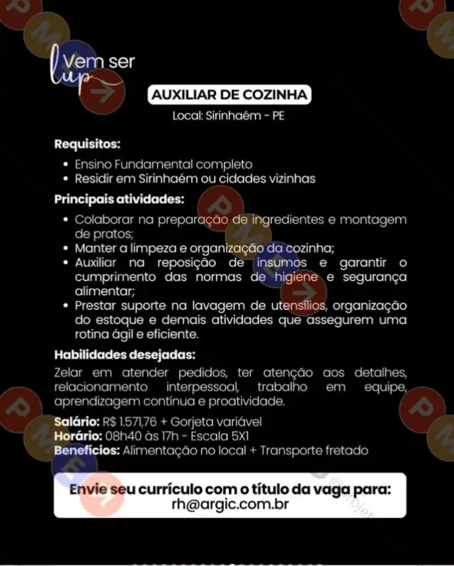 1 Vaga de emprego para Auxiliar De Cozinha sem experiência na empresa Lup em 09/09